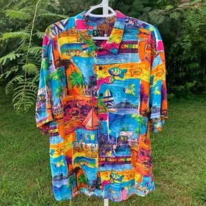 Vintage Jams World XL Colorful Scenic Print Button Shirt Balboa New Port Beach